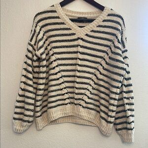 Striped V-Neck Sweater - Green and Cream